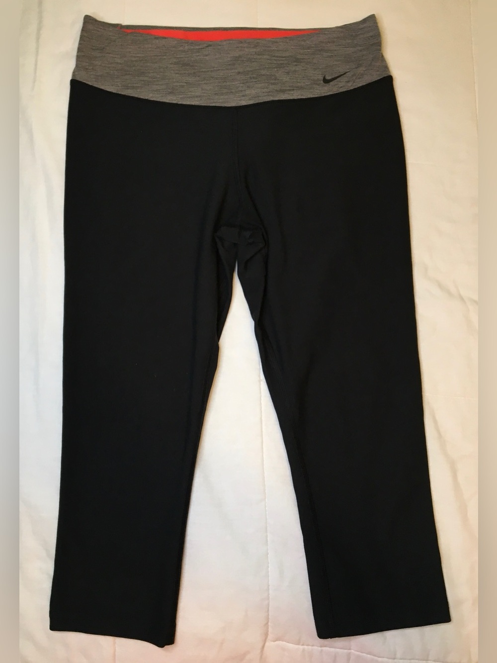 Nike Black Capris Leggings with Gray Waistband and Red Inner Lining